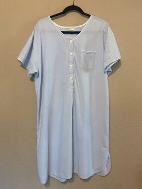 Vintage L. L. Bean Nightgown Striped Blue Made In USA Cotton Sz XL button front